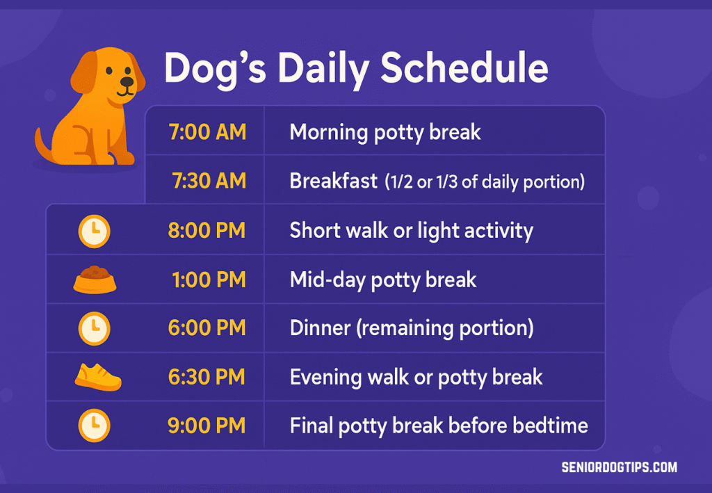 The Ultimate Guide to Senior Dog Nutrition 2 Dog’s daily schedule for healthy aging: Morning potty, meals, walks, and breaks for senior dogs.