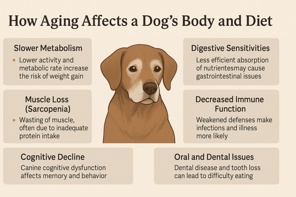 The Ultimate Guide to Senior Dog Nutrition 1 How aging affects a dog’s body and diet: slower metabolism, muscle loss, digestive sensitivities, and more.