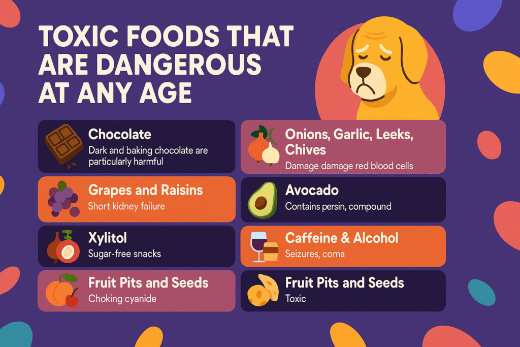 The Ultimate Guide to Senior Dog Nutrition 3 Toxic foods dangerous for senior dogs: Chocolate, grapes, onions, xylitol, avocado, caffeine, and fruit seeds.